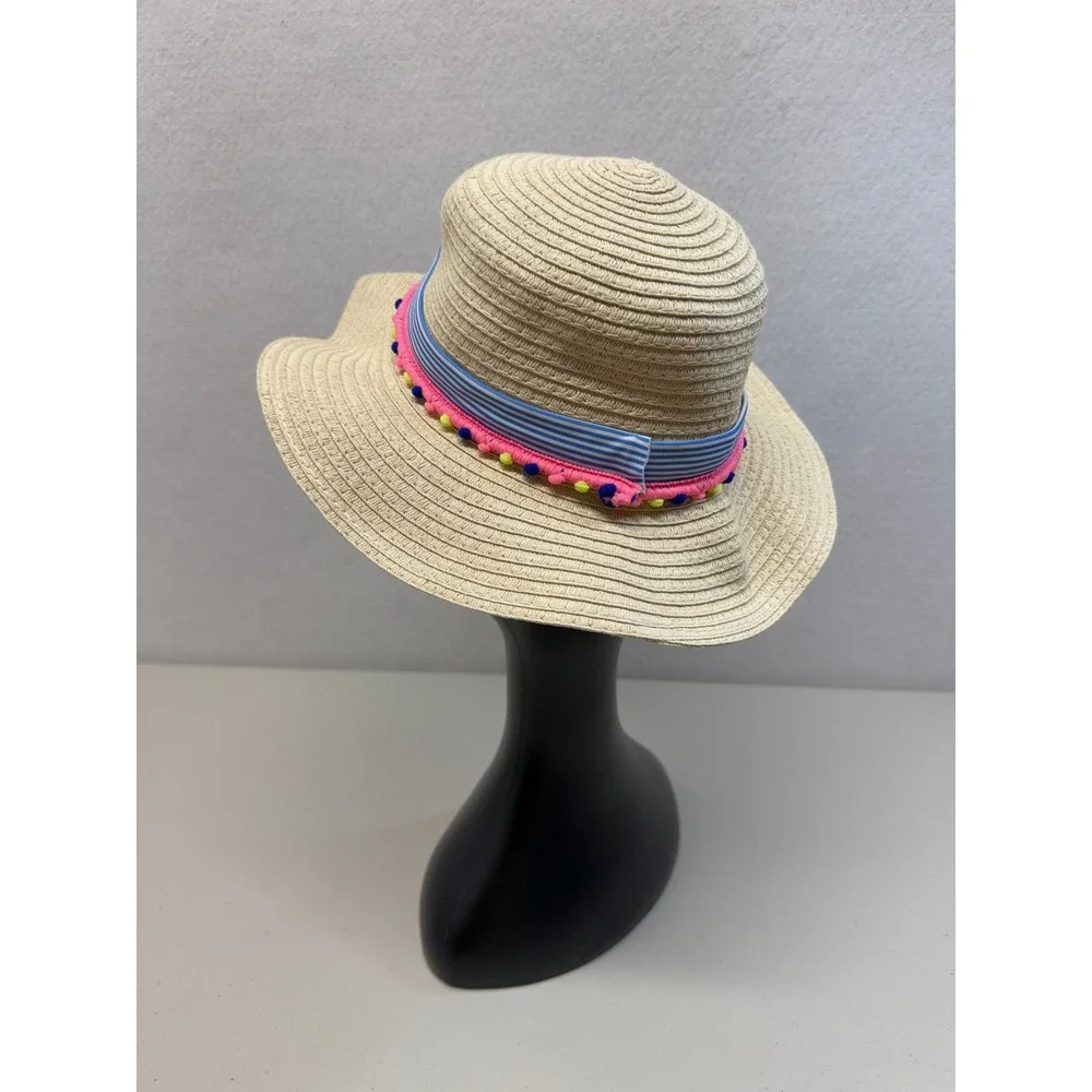 Tommy Bahama Kids Tan Straw Sun Hat Fedora Striped Pom Pom NWT New